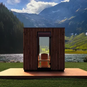 Garda sauna on timber base in front of lake and mountains