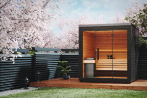 Large Mira Sauna in Black in Japanese style garden